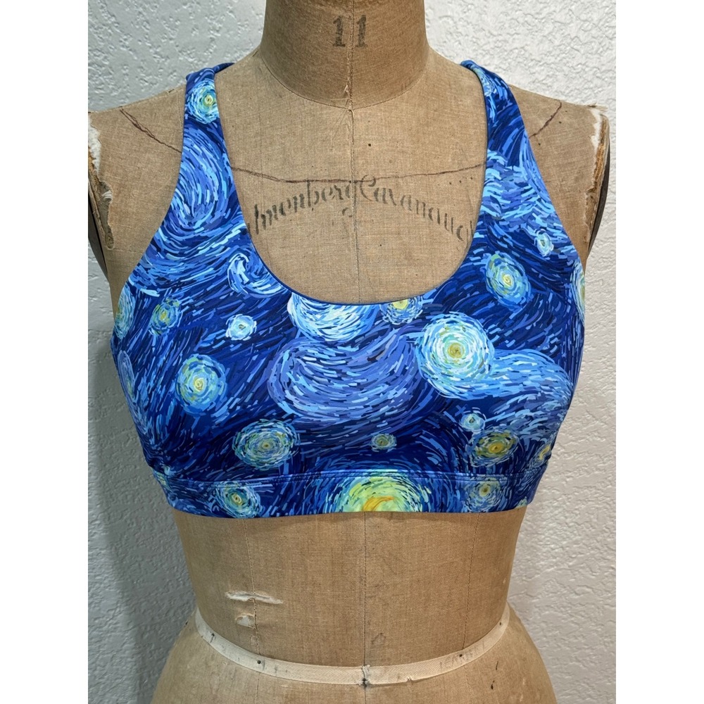 Feed Me Fight Me Starry Night Van Gogh Print Sports Bra Large Blue Strappy Back
